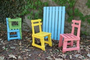 wooden furnitures for children in bright colors. 4 chairs and 1 table