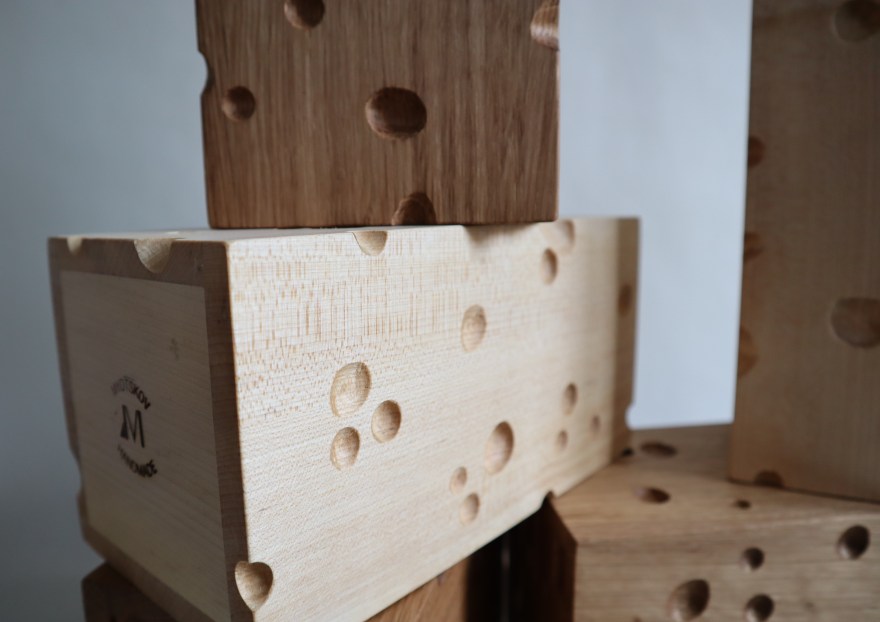 5 wooden knife blocks cut like emmentaler cheese
